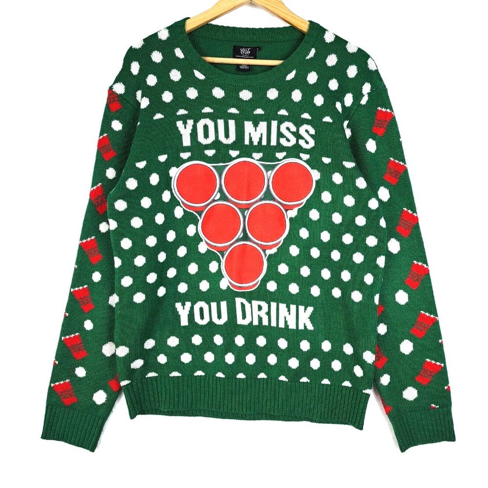 Ugly Stuff You Miss You Drink Ugly Christmas Sweater Mens Size Large Green